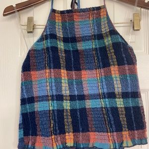 Blue plaid tie back shirt